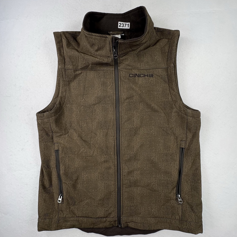 Cinch Vest Boys 18 Brown Herringbone Soft Shell Fleece Lined Zip Pockets